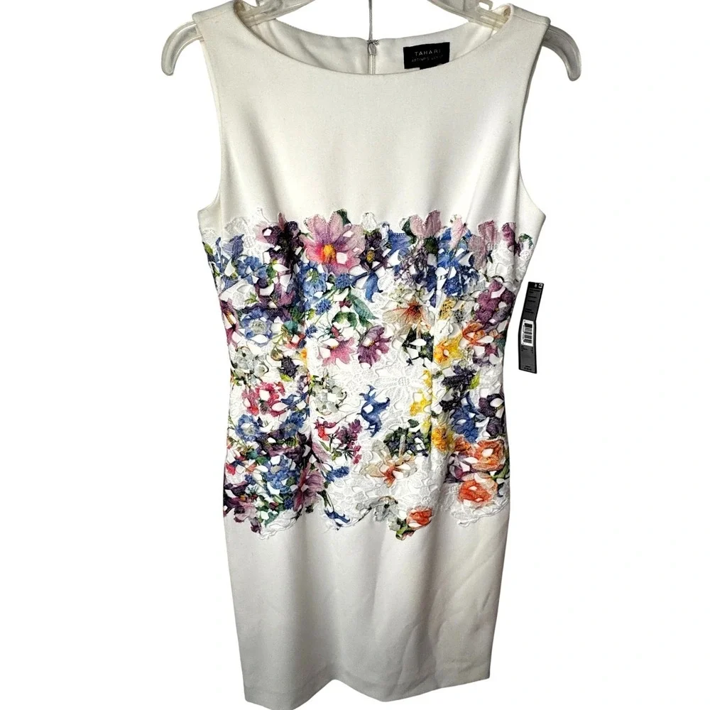 NWT‎ Tahari ASL Floral Lace Sheath Dress Womens 2 Cream Watercolor Pastel Spring